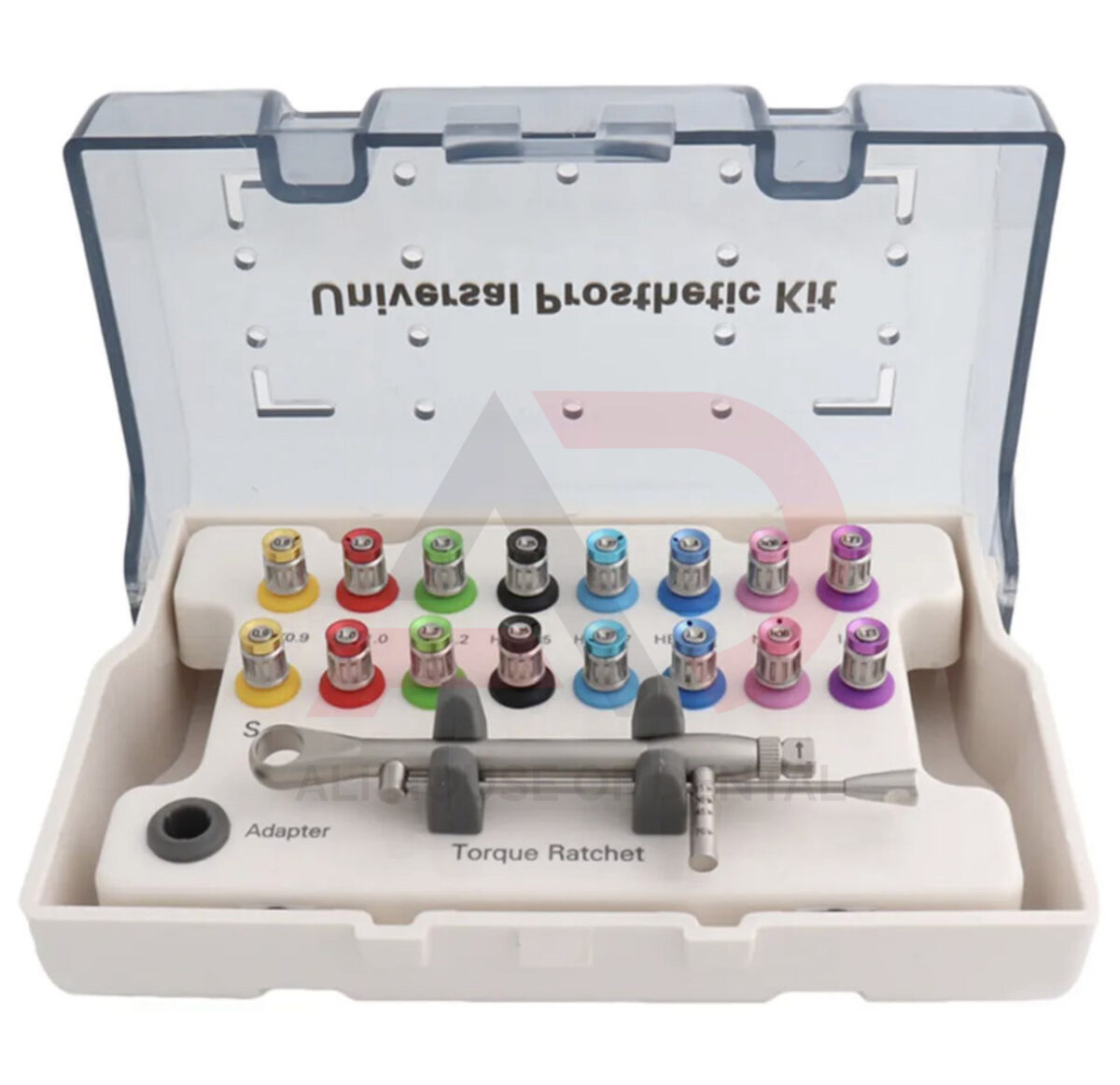 Universal Prosthetic Kit Torque Ratchet 15-70Ncm (15, 30, 45, 70Ncm) One piece construction, well polished Medical grade stainless steel  Autoclavable case Totally 16 drivers, compatible with different implant system Long 25mm, Short 20mm