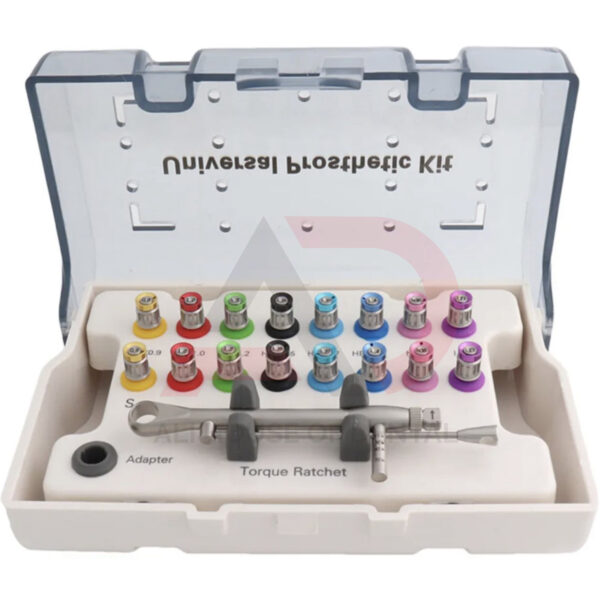 Universal Prosthetic Kit Torque Ratchet 15-70Ncm (15, 30, 45, 70Ncm) One piece construction, well polished Medical grade stainless steel  Autoclavable case Totally 16 drivers, compatible with different implant system Long 25mm, Short 20mm